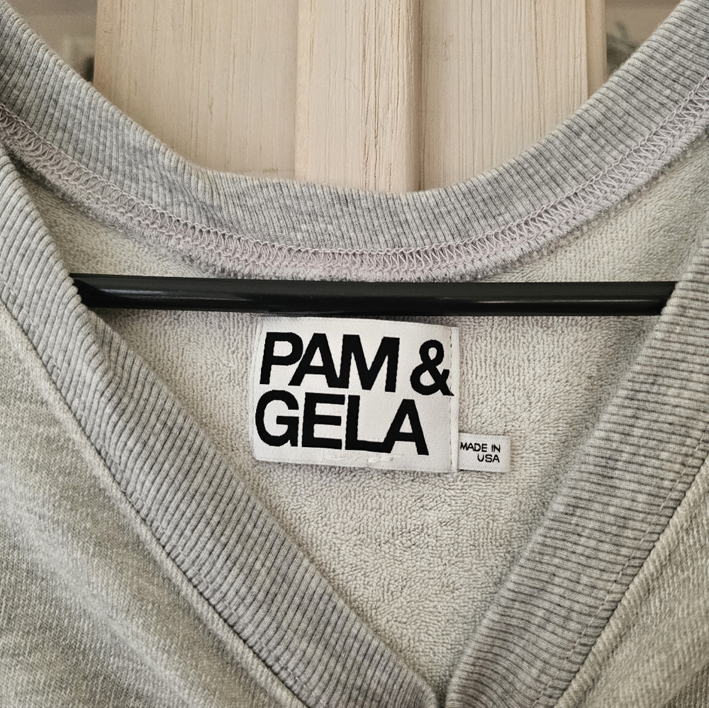 Pam & Gela Lace Up Sides Light Gray V-Neck Sweater - Picture 6 of 11